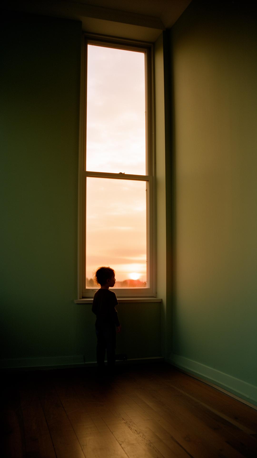 Silueta de niño frente a ventana al atardecer