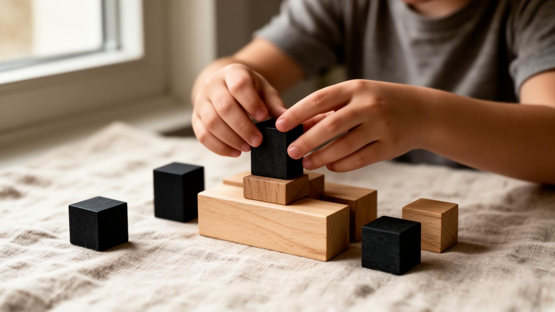 Manos construyendo con bloques de madera